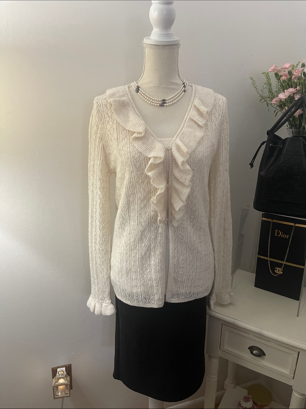 Anna Sui for Old Navy Limited Edition Cream Ruffle-Front Sweater Cardigan